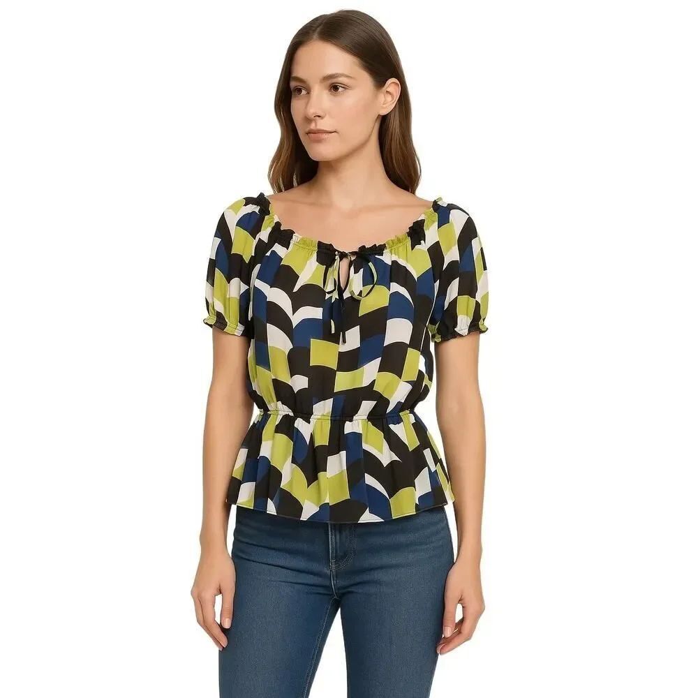 Kenneth ColeâReaction Green Blue Sheer Abstract Print Peplum Blouse Womens 6